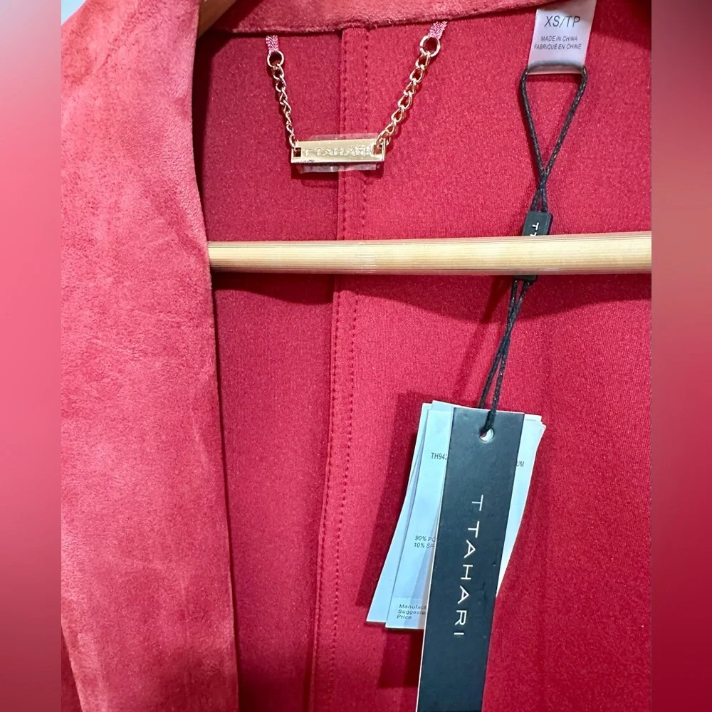 NWT Tahari Faux Suede Open Front Jacket in Geranium. Size XS.